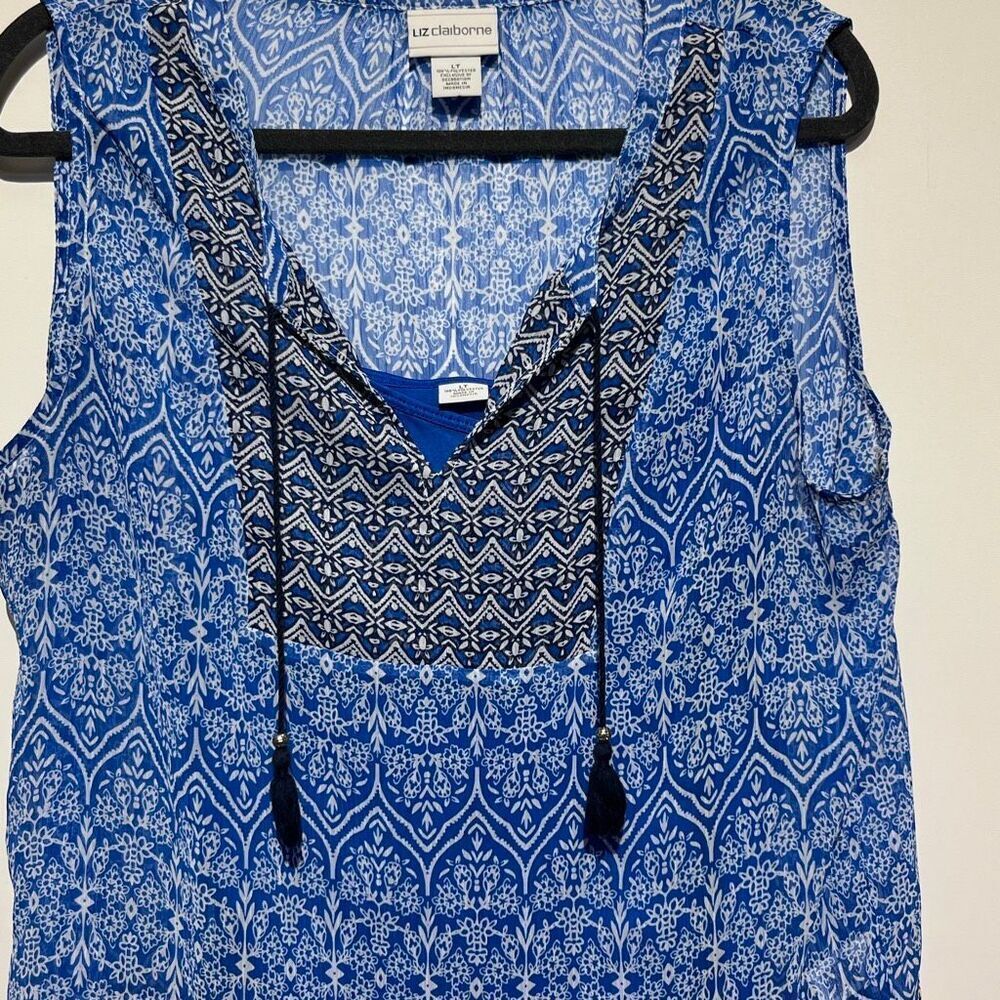 Liz Claiborne Womens Blue Tassel Tie Neck Tunic Sleeveless 2 in 1 Top Large Tall - Picture 8 of 12